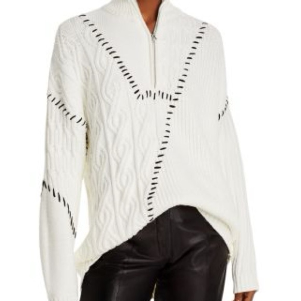STAUD Hampton Mixed Knit White Half Zip Sweater with Black Detailing